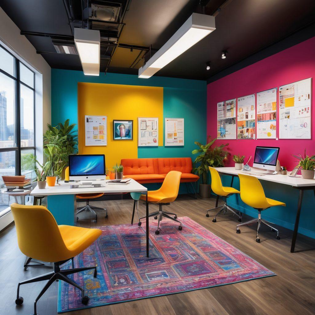 A vibrant office scene showcasing diverse professionals engaged in various administrative tasks, such as managing schedules, collaborating on a project, and hosting team meetings. Include elements of technology like laptops and digital interfaces, along with inspirational career posters on walls. Emphasize a sense of teamwork and career growth with an open space design. Bright colors and a modern aesthetic should dominate the scene. super-realistic. vibrant colors.