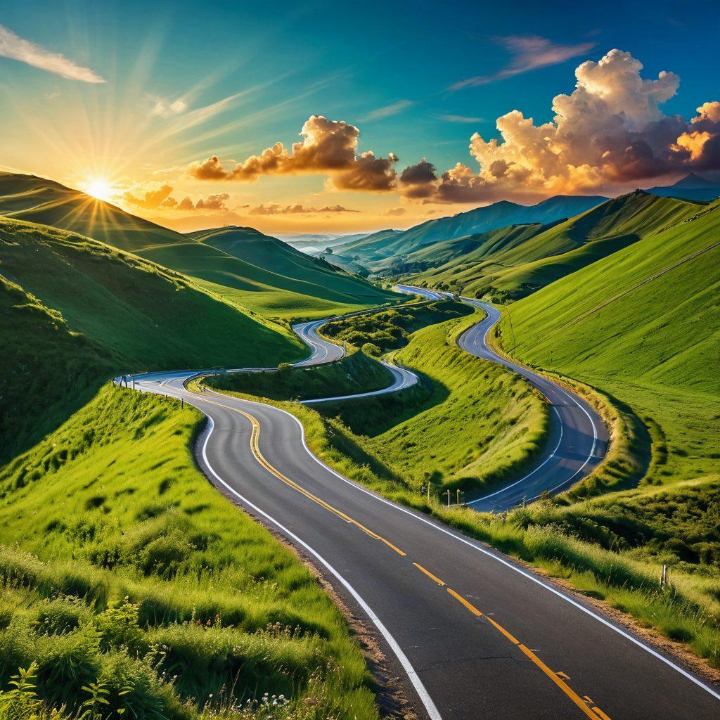 A winding road leading through a lush green landscape, dotted with signposts indicating various career paths and job opportunities. Alongside the road, diverse individuals of different backgrounds and professions are engaged in networking, collaborating, and sharing resources. The sky is clear with a warm sun, representing hope and ambition. Emphasize vibrant colors and a bright, uplifting atmosphere to inspire viewers on their journey to success. super-realistic. vibrant colors.