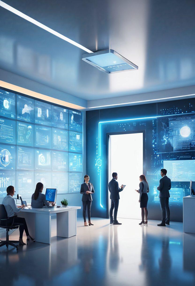 A futuristic office setting with diverse people engaged in various administrative tasks, surrounded by digital screens displaying job listings and career opportunities. A bright light symbolizes hope and potential in the background, while a key unlocking a door represents the idea of unlocking the future. The atmosphere is energetic and optimistic, with a modern design. super-realistic. vibrant colors. 3D.